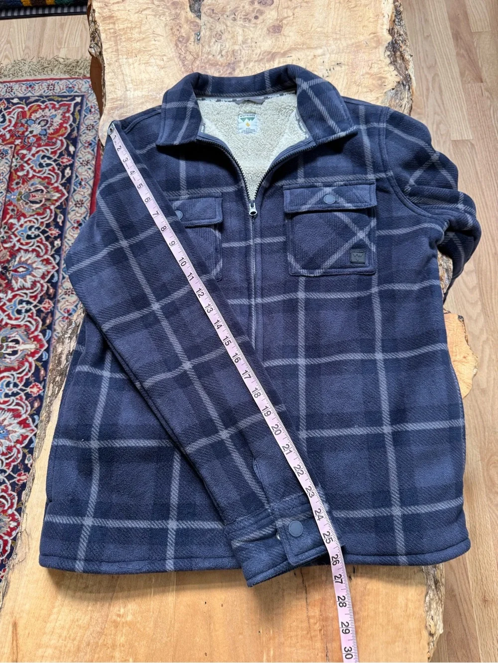 Voyager Men’s Navy Plaid Fleece Sherpa-lined Jacket Size S